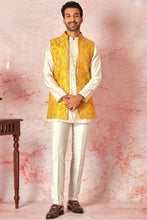 Load image into Gallery viewer, Mustard Raw Silk Long Bundi with Cream Silk Short Kurta
