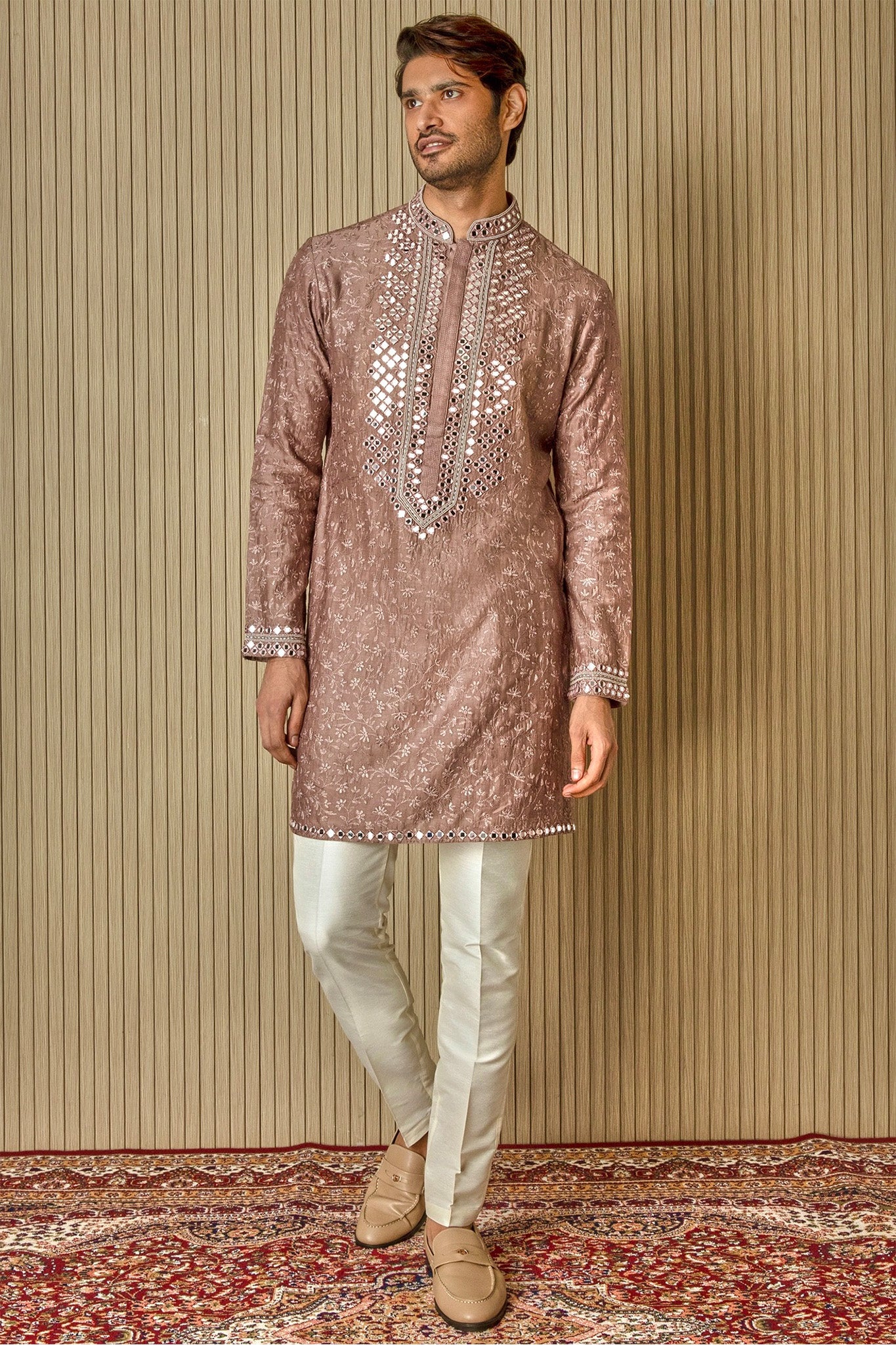 Earthly Opulence Moti Mirror Resham Brown Silk Kurta