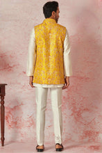 Load image into Gallery viewer, Mustard Raw Silk Long Bundi with Cream Silk Short Kurta
