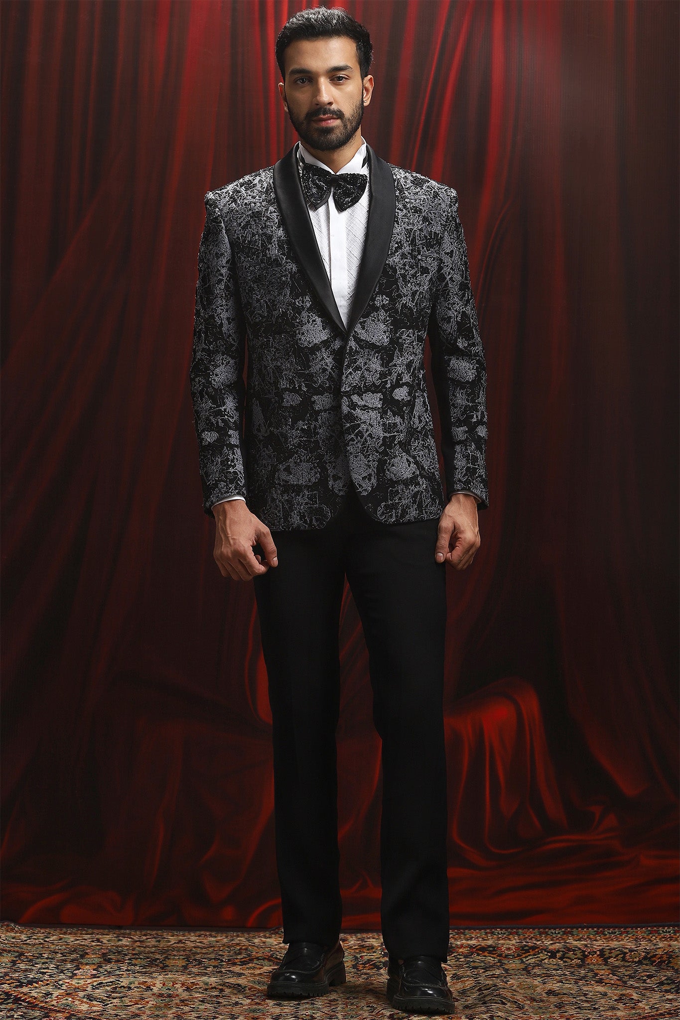 Black cutdana Embroidered Velvet Tuxedo Blazer