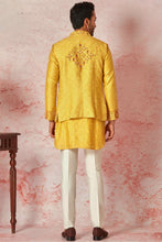 Load image into Gallery viewer, Haldi Mustard Embroidered Chanderi Silk Kurta Bundi Set
