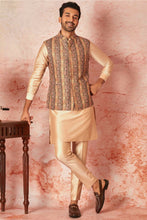 Load image into Gallery viewer, Linen Bundi with Beige Silk Kurta and Pyjama Set
