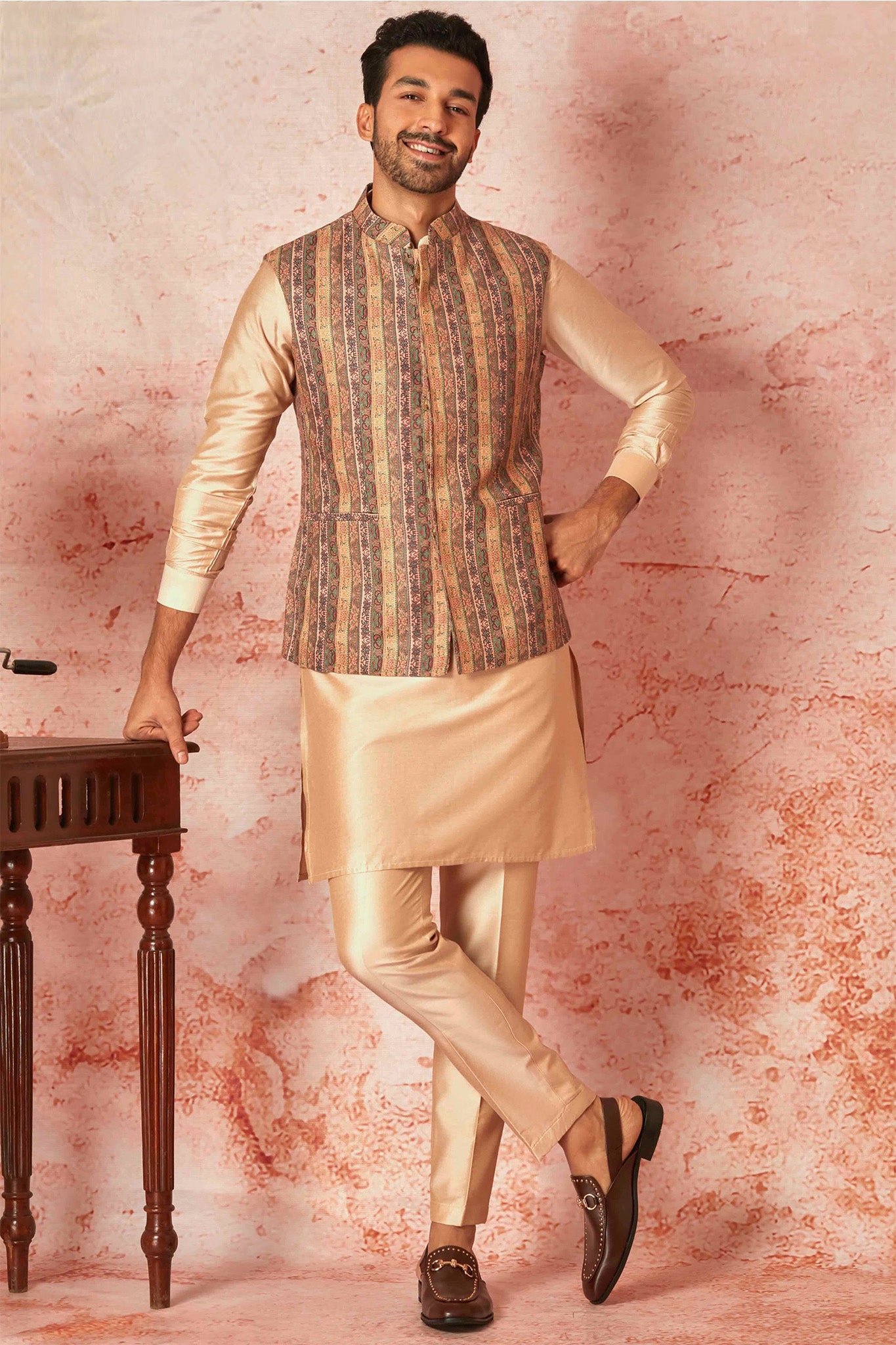 Linen Bundi with Beige Silk Kurta and Pyjama Set