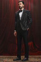 Load image into Gallery viewer, Black Sequins Tuxedo Blazer with Embroidery
