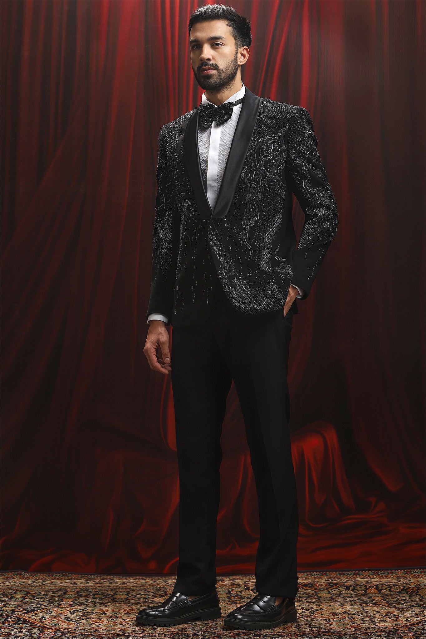 Black Sequins Tuxedo Blazer with Embroidery