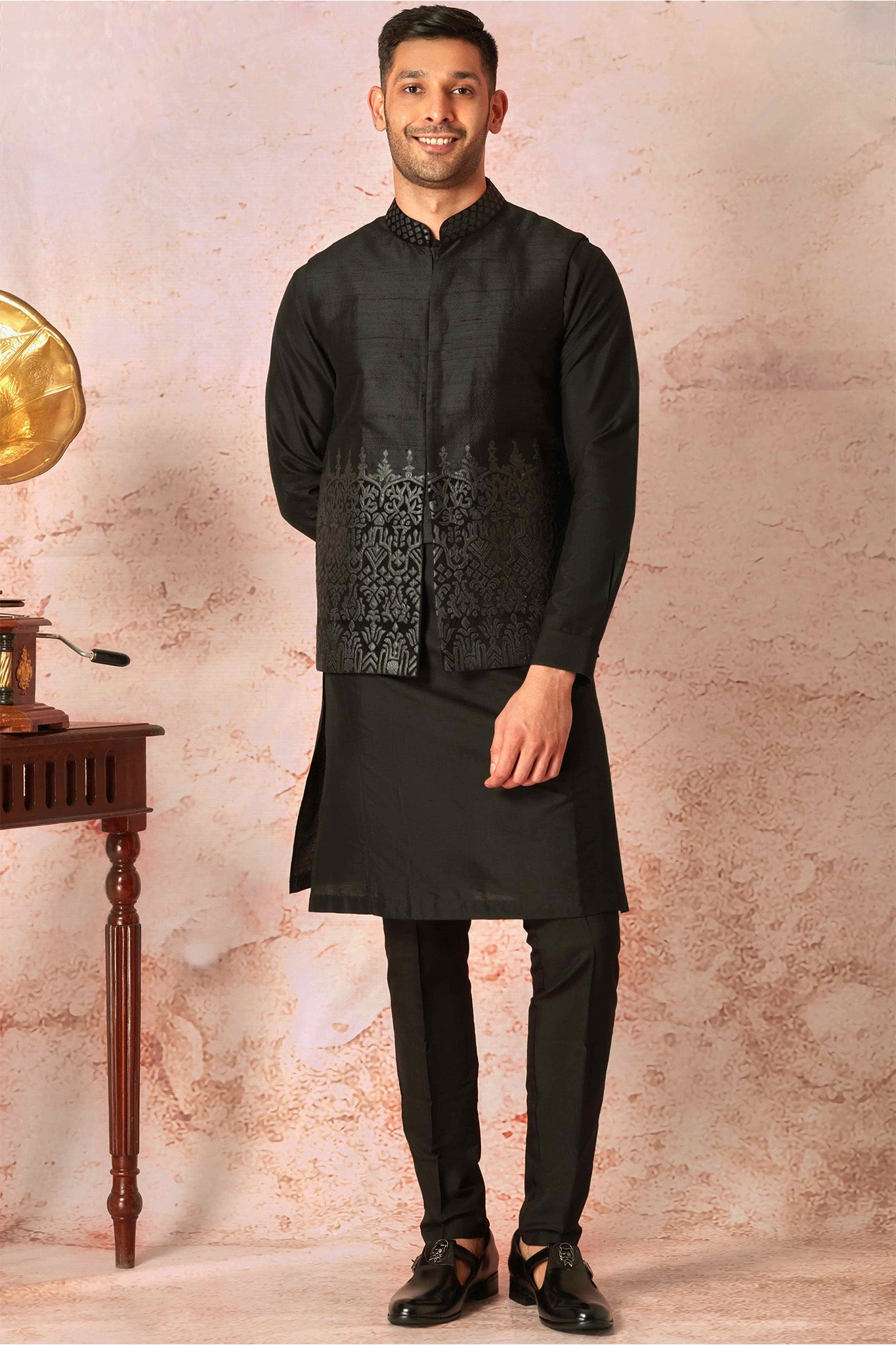 Sleek Black Silk Leather-Embellished Bundi & Kurta Set