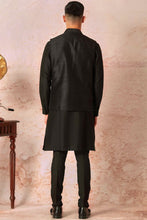 Load image into Gallery viewer, Sleek Black Silk Leather-Embellished Bundi &amp; Kurta Set

