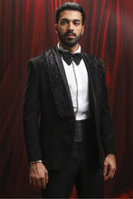 Load image into Gallery viewer, Black Embellished Velvet Tuxedo Blazer
