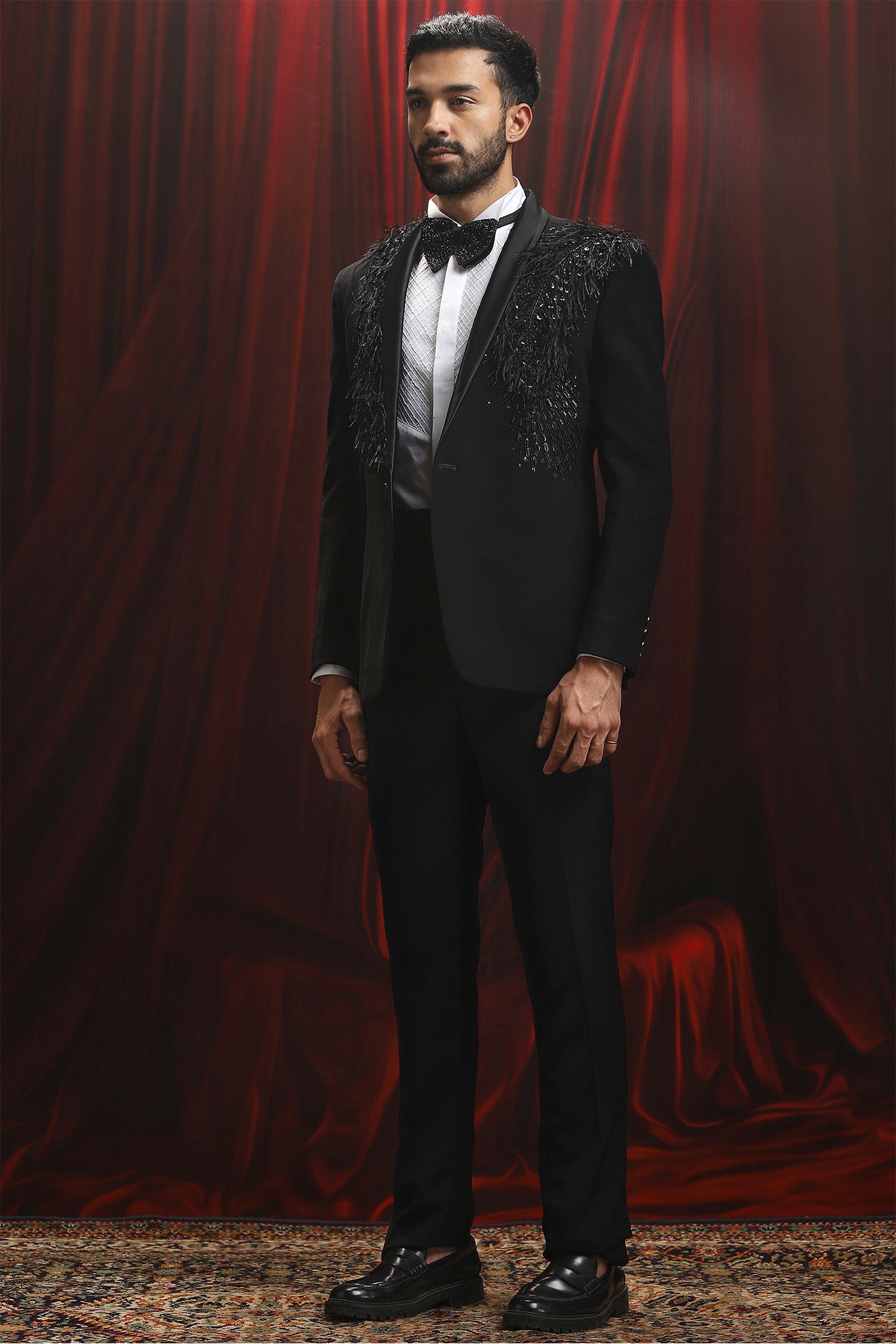 Black Embellished Velvet Tuxedo Blazer