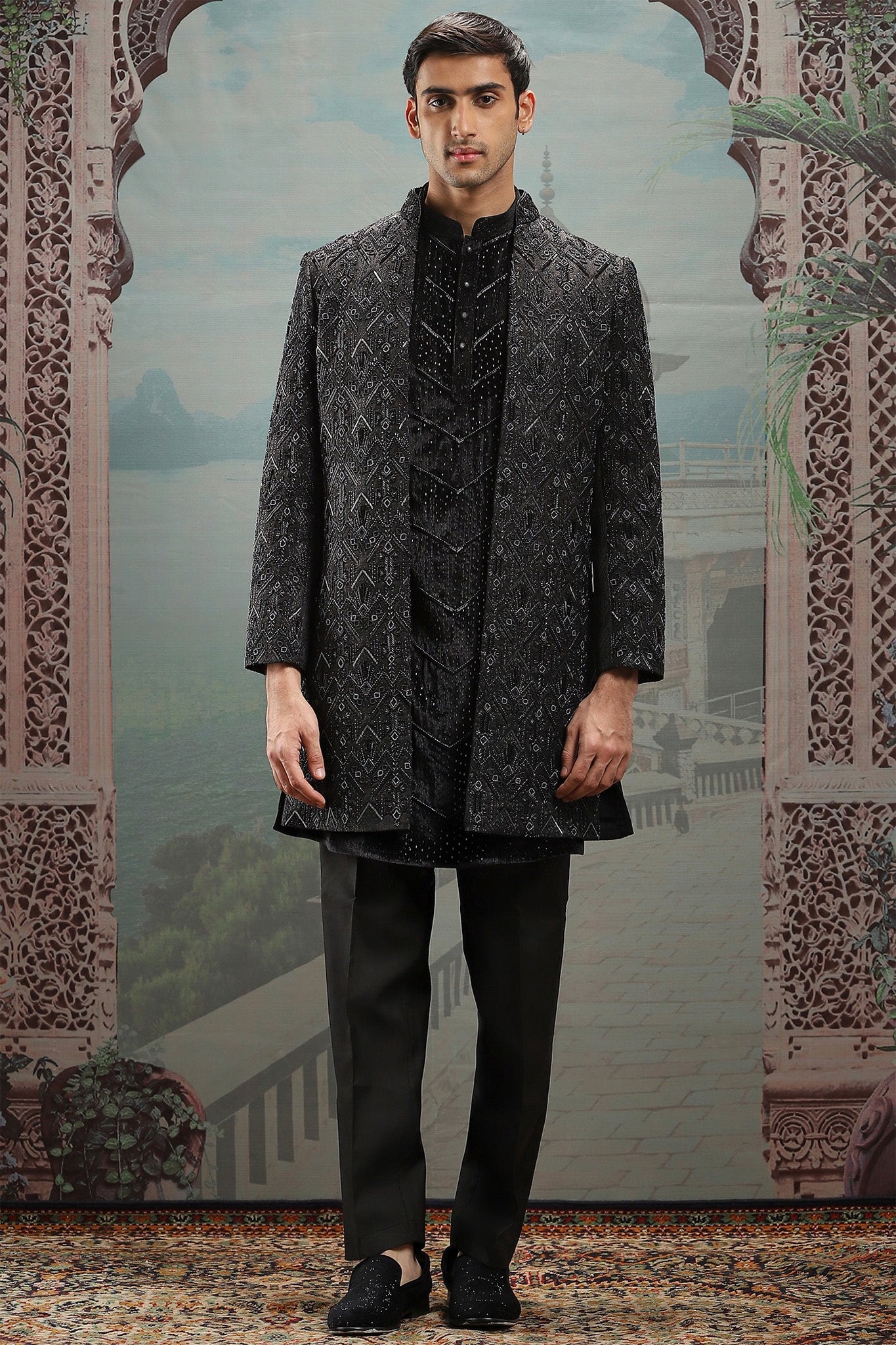 Black velvet zari Embroidered Open Indowestern