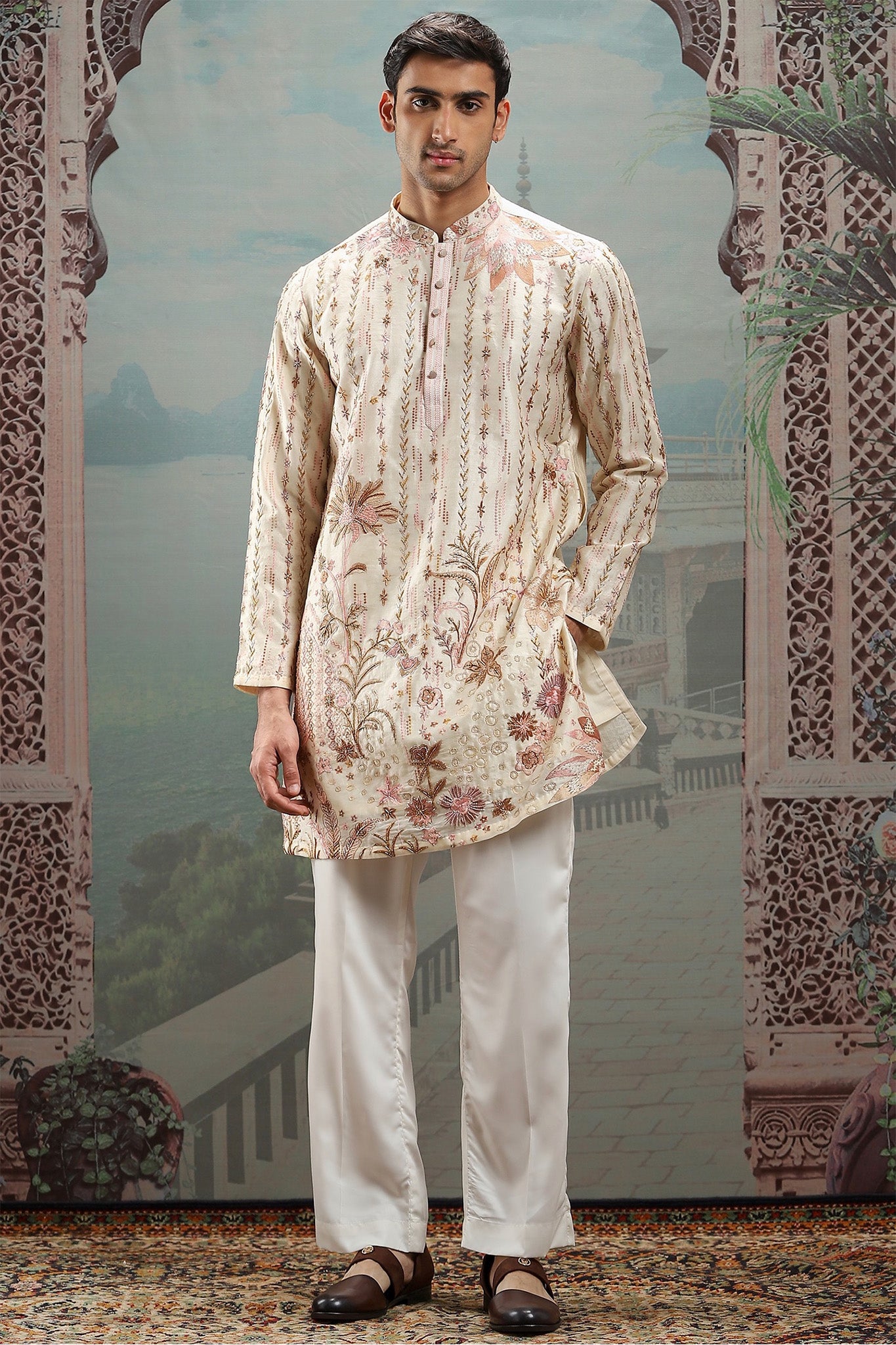 Ivory Floral Embroidered Silk Kurta