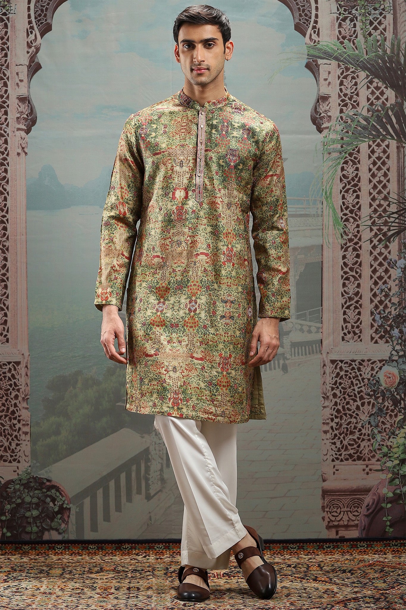 Multicolor Floral Printed Silk Kurta with Embellishments