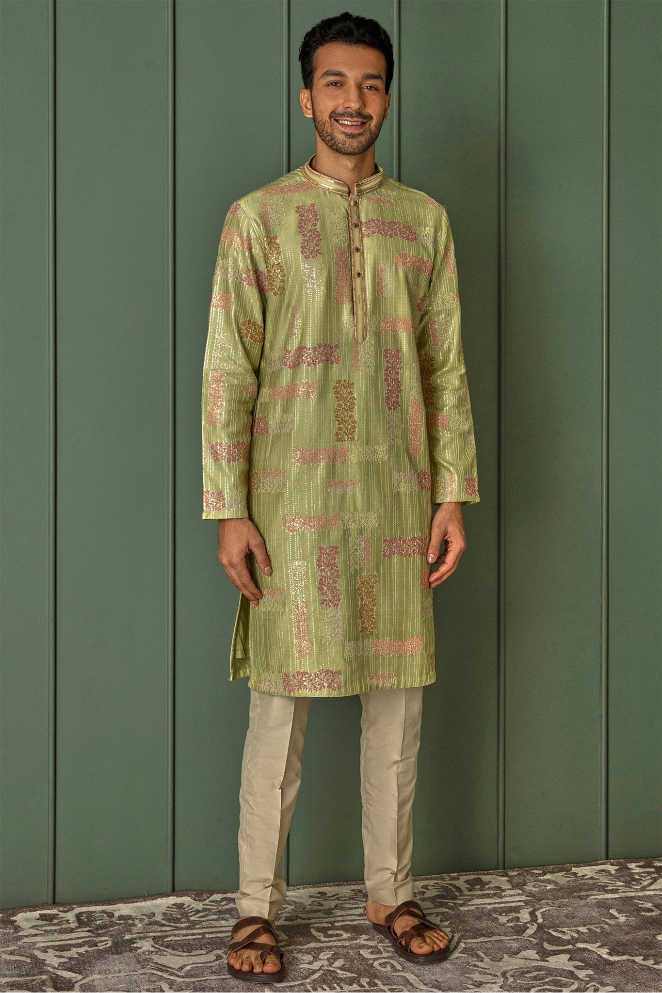 Olive Abstract Sequins Dream Chanderi Silk Kurta