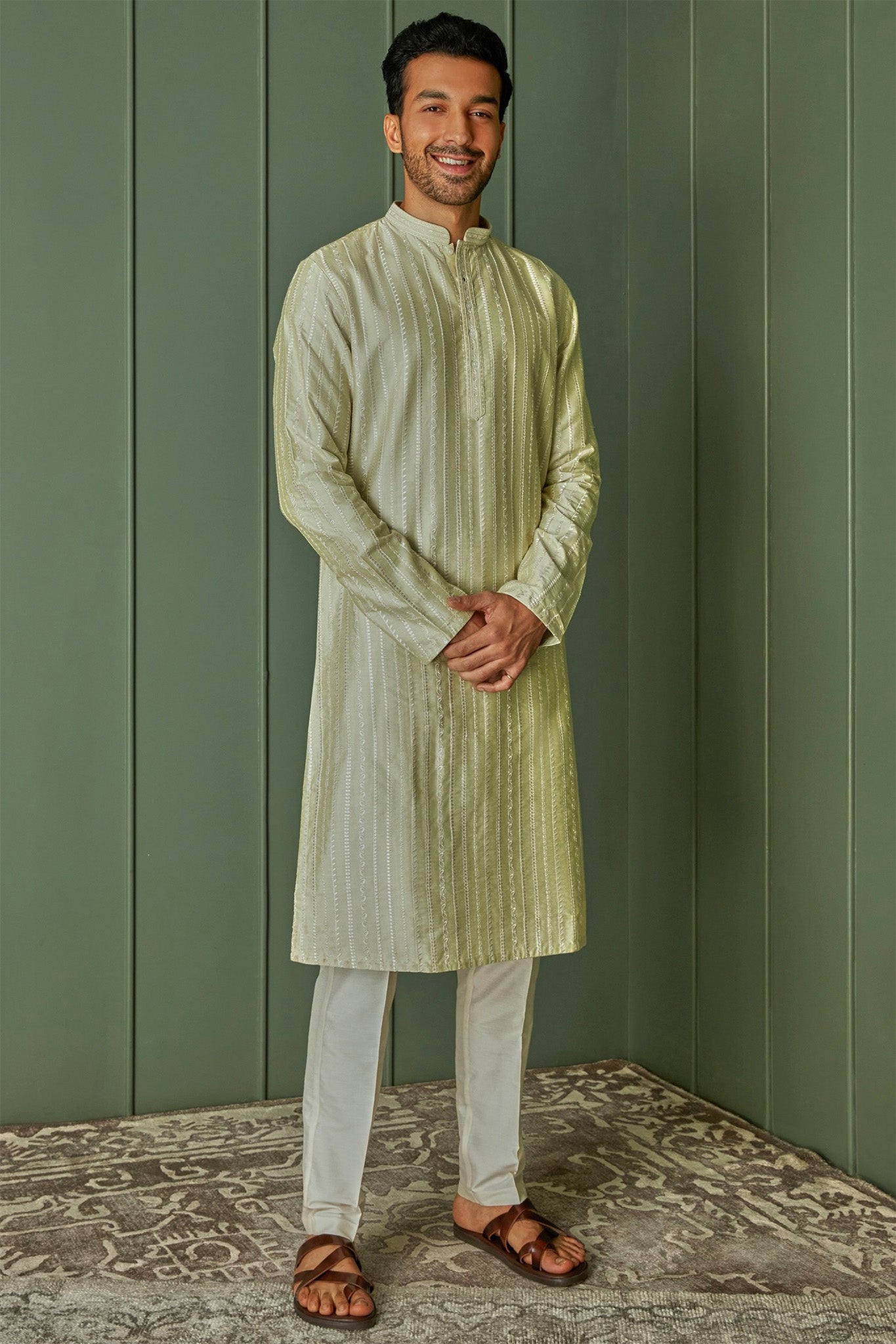 Lime Striped Resham Fusion Tussar Silk Kurta