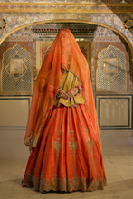 Load image into Gallery viewer, Naazila - Dabka Zardozi Embroidered Raw Silk Burnt Orange Lehenga Set
