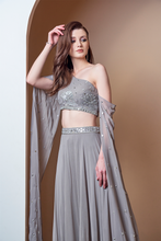 Load image into Gallery viewer, MIRROR WORK FLOWER MOTIF GREY LEHENGA
