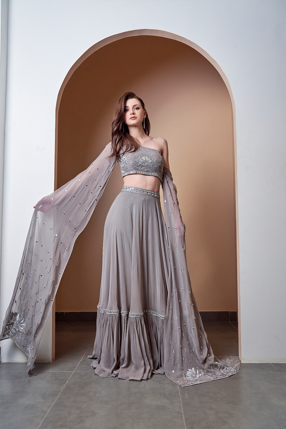 MIRROR WORK FLOWER MOTIF GREY LEHENGA