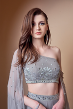 Load image into Gallery viewer, MIRROR WORK FLOWER MOTIF GREY LEHENGA
