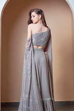 Load image into Gallery viewer, MIRROR WORK FLOWER MOTIF GREY LEHENGA
