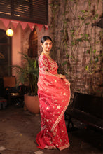 Load image into Gallery viewer, RED HEAVILY EMBROIDERD SAREE
