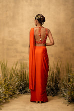 Load image into Gallery viewer, Bright Orange pre-draped modal satin saree with embroidered blouse
