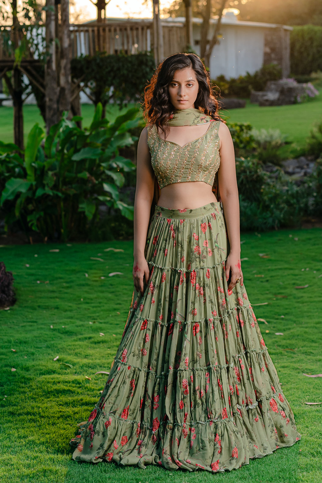 Pista Green Printed & Embroidered Lehenga Set