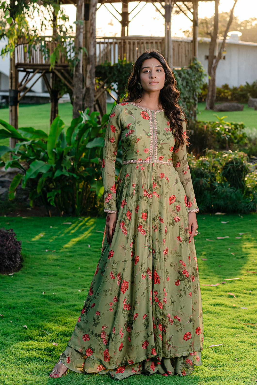 Pista Green Embroidered & Printed Anarkali Suit Set
