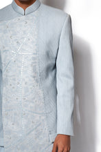Load image into Gallery viewer, Ice blue Asymmetrical Embroidered Bandhgala set
