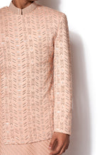 Load image into Gallery viewer, Peach Embroidered Asymmetrical Bandhgala set
