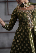 Load image into Gallery viewer, Olive green peplum, tulip salwar and Choker dupatta
