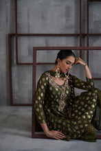 Load image into Gallery viewer, Olive green peplum, tulip salwar and Choker dupatta
