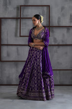 Load image into Gallery viewer, Purple embroidered blouse, banarsi lehenga and dupatta
