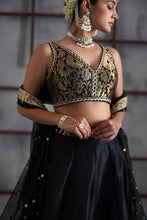 Load image into Gallery viewer, Black brocade blouse, lehenga and dupatta
