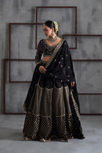 Load image into Gallery viewer, Black embroidered blouse, brocade lehenga and dupatta
