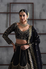 Load image into Gallery viewer, Black embroidered blouse, brocade lehenga and dupatta
