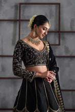 Load image into Gallery viewer, Black embroidered blouse, brocade lehenga and dupatta
