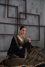 Load image into Gallery viewer, Black embroidered blouse, brocade lehenga and dupatta
