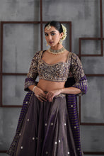 Load image into Gallery viewer, Purple tissue embroidered blouse, lehenga and dupatta
