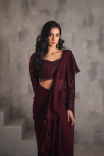 Load image into Gallery viewer, Wine embroidered blouse and draped ruffle saree

