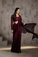 Load image into Gallery viewer, Wine embroidered blouse and draped ruffle saree
