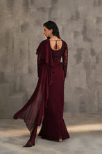Load image into Gallery viewer, Wine embroidered blouse and draped ruffle saree
