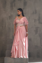 Load image into Gallery viewer, Baby pink embroidered blouse and draped saree
