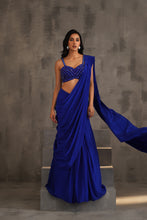 Load image into Gallery viewer, Royal blue embroidered blouse and drape saree

