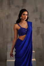 Load image into Gallery viewer, Royal blue embroidered blouse and drape saree
