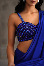 Load image into Gallery viewer, Royal blue embroidered blouse and drape saree
