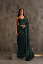 Load image into Gallery viewer, Bottle green embroidered corset and drape saree
