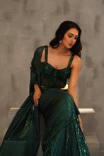 Load image into Gallery viewer, Bottle green embroidered corset and drape saree
