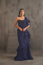 Load image into Gallery viewer, Navy blue embroidered bustier and drape saree
