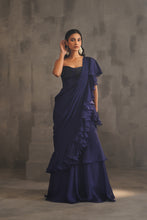 Load image into Gallery viewer, Navy blue embroidered bustier and drape saree
