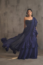 Load image into Gallery viewer, Navy blue embroidered bustier and drape saree
